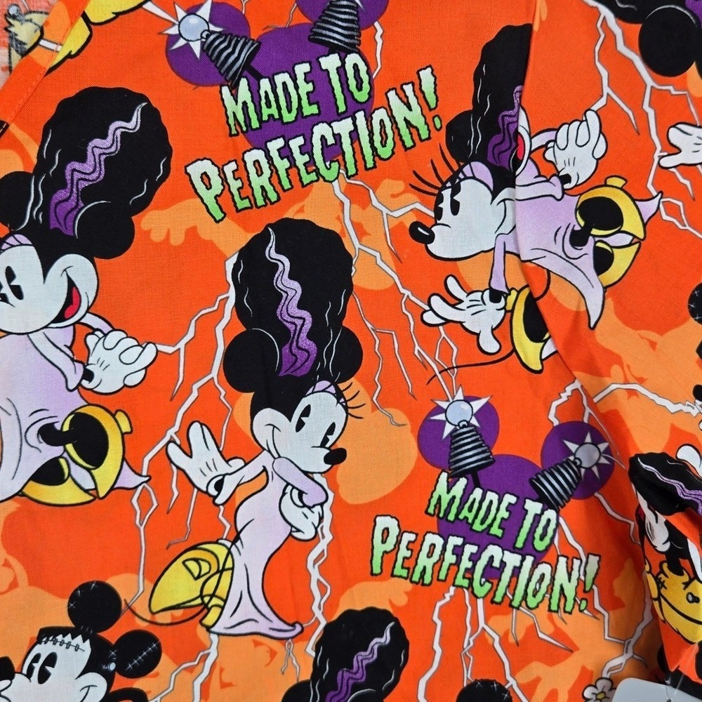 Disney NEW 3XL Mickey Minnie Frankenstein Halloween Scrub Top‎ Womens Orange - Picture 7 of 10